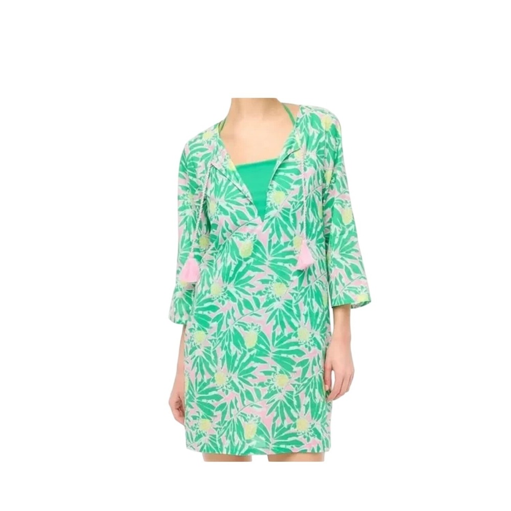 J.Crew‎ Beach Cover Up Women S Pink Green Excellent Pineapple Tassel Tunic AW733